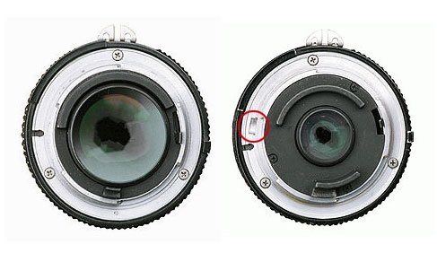 (esquerda) Lente Nikon Ai NIKKOR; (direita) Lente Nikon Ais NIKKOR com sinalizador do pino na lente (destacado em vermelho). 