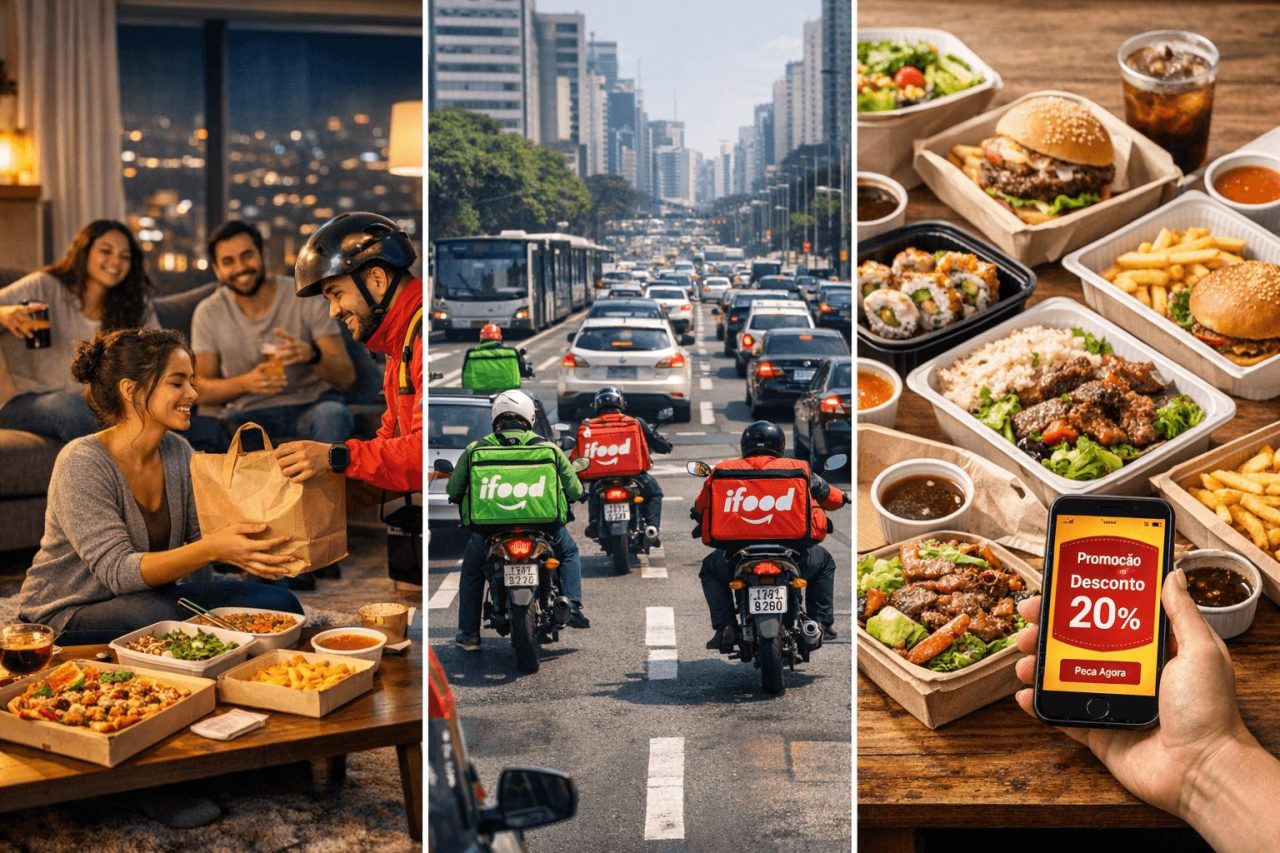 Saco de papel com pedido de comida deixado na calçada perto de uma porta.