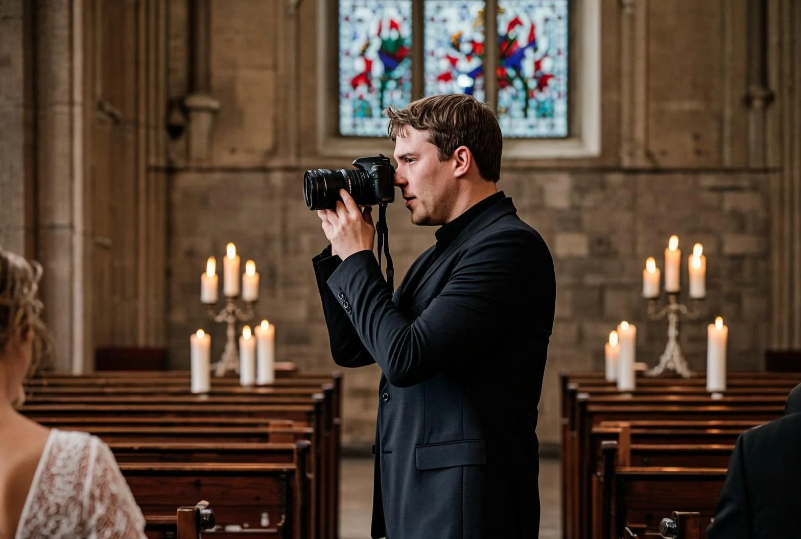 Fotógrafo usando Fujifilm X-T5 em casamento com baixa luz